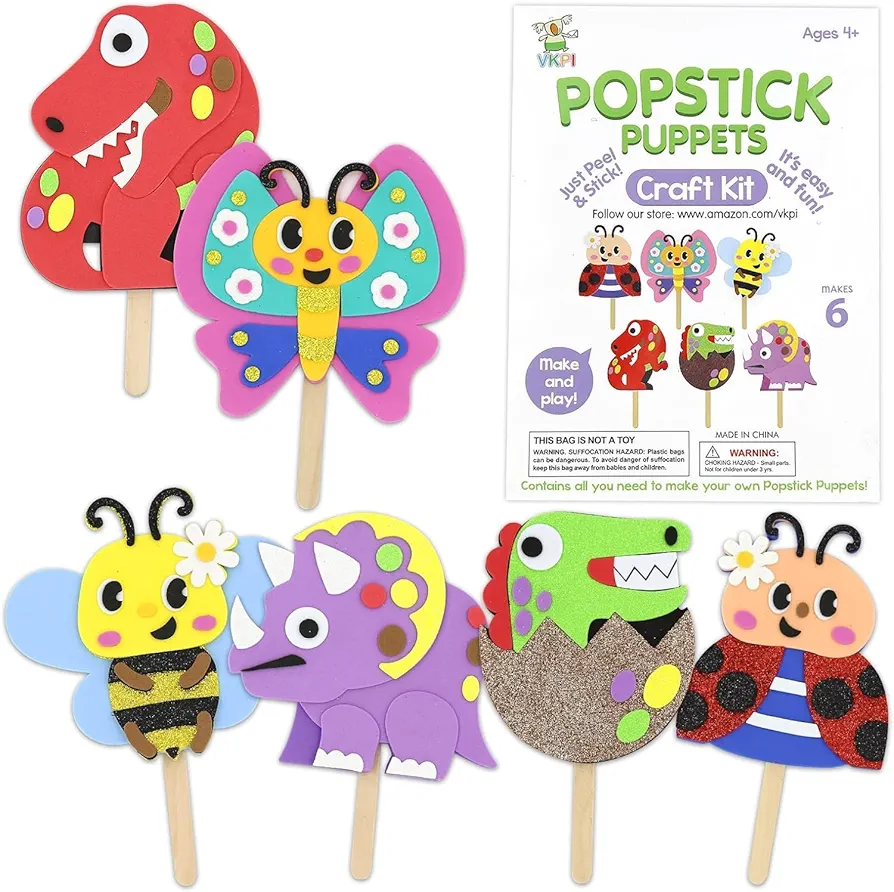 VKPI Make 6 Popstick Puppets Craft Kits for Kids, Foam Crafts, Story Time Toys for Ages 4+ Toddler, Dinosaurs, Butterfly, Preschool Projects Art Crafts, Birthday Holiday Gift