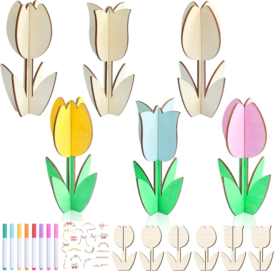 BAPHILE 12 Pack Wood Tulips to Paint, DIY Wooden Tulips Flowers Craft Kits with Decorate Tools Spring Summer Centerpieces Craft Ornaments for Home DIY Craft Party Favors Tiered Tray Decorations (12)