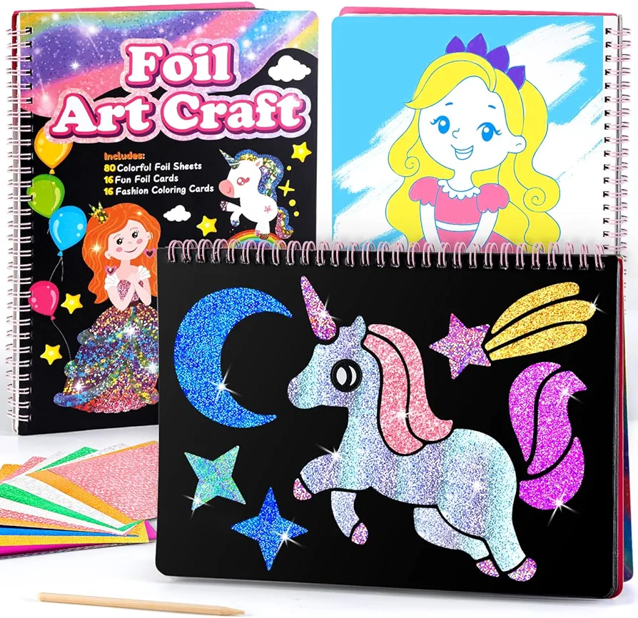 Fun Foil Art Kit for Kids - Foil Crafts for Kids Ages 4-8, No Mess Creative Activity, DIY Foil Coloring Kits for Girl Toys Age 4-5, Christmas Birthday Gifts for 4 5 6 7 8 9 Year Old Girls and Up