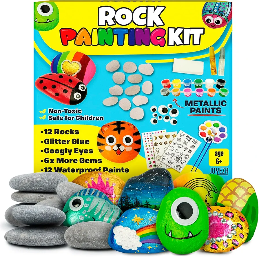 JOYEZA Rock Painting Kit Deluxe, Arts and Crafts for Girls Boys Age 6+, 12 Rocks Tween Gift Art Set, Waterproof Paints, Craft Kits Art Supplies, Kids Crafts Ages 6-8, Kids Activities 6 7 8 9 10