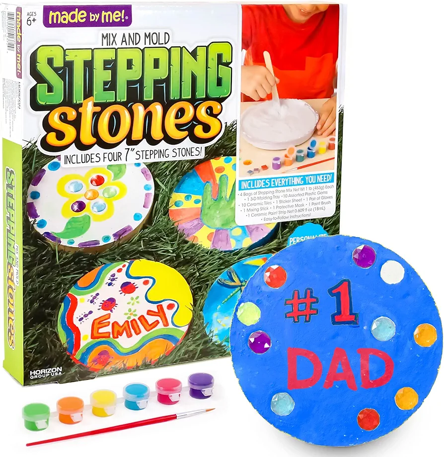 Made By Me Mix & Mold Stepping Stones, Make 4 DIY Personalized 7-Inch Ceramic Stepping Stones, Includes 3D Mold, Ceramic Paints, Ceramic Tiles, & Assorted Gems, Paint Your Own Stepping Stones