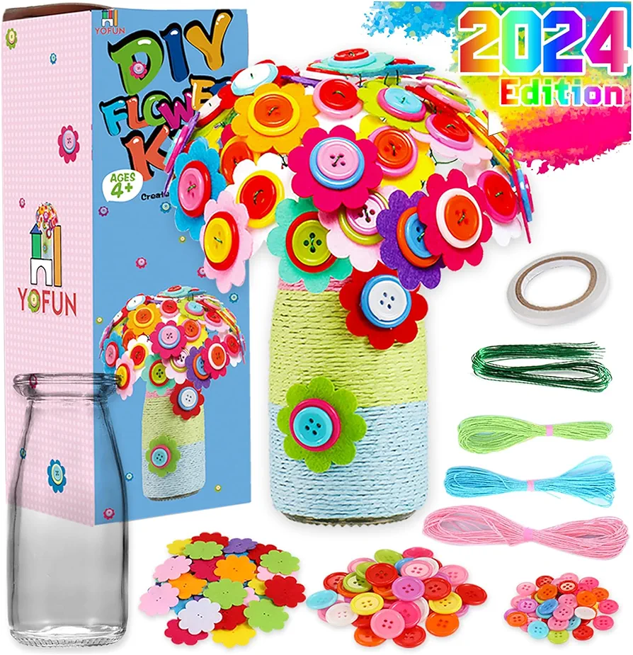 YOFUN Flower Craft Kit for Kids - Make Your Own Flower Bouquet with Buttons and Felt Flowers, Vase Art Toy & Craft Project for Children, DIY Activity Gift for Boys & Girls Age 4 5 6 7 8 9 Year Old