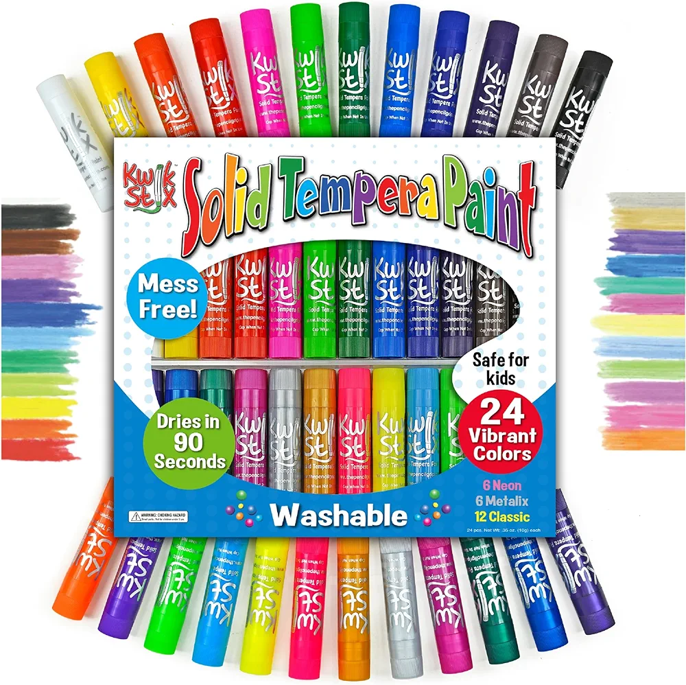 Kwik Stix Solid Tempera Paint Sticks, 24 Colors, Washable Paint Sticks for Kids, Non-Toxic, Quick Drying, Allergen Free, Paint Sticks in Classic, Metallic & Neon Colors, Paint for Kids and Toddlers