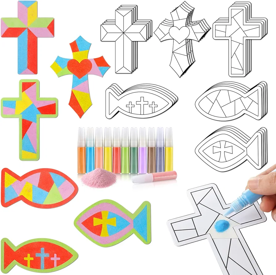 Relaxgiant 24 Sets Religious Sand Art Craft Kit for Kids Christian Crosses Fish Painting Kit with Colored Sand Brushes Create Your Own First Communion Sand Art for Sunday School Fun Home Activities