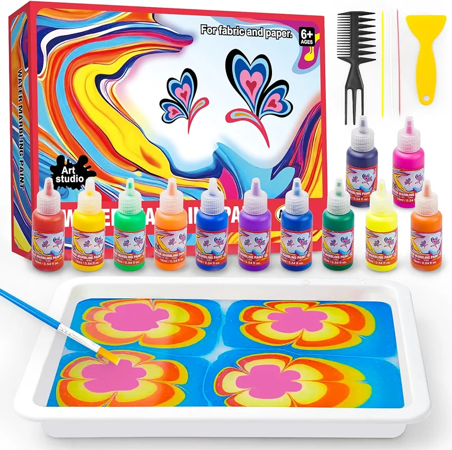 Water Marbling Paint Art Kit for Kids, Marble Painting Kit DIY Arts and Crafts 12 Colors,Birthday Present Creative Toys for Boys Girls 6 7 8 9 10 11 Art Supplies 8-12