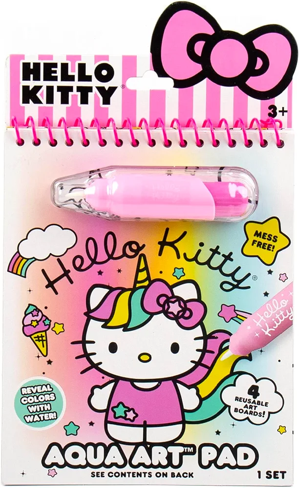 Hello Kitty Aqua Art Pad, 4 Art Pages, On The Go Reusable Water-Reveal Activity Pad, Mess Free Arts and Crafts, Paint with Water Brush Set, Kids Toys, Sanrio Stuff, Hello Kitty Craft Kits for Kids 3+