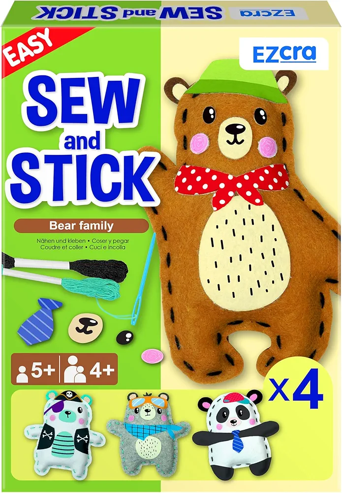 EZCRA Easy Arts and Crafts for Kids - No Mess Sewing Kit for Kids - 4 Easy to Do Bear Sewing Projects - Fun Felt Stickers - Tools with Instruction - Gifts for Boys and Girls Age 4,5,6,7,8