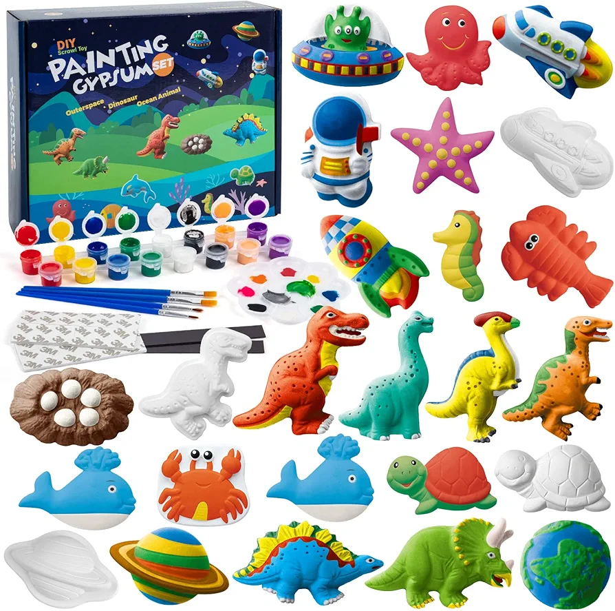 Juboury Kids Arts and Crafts Set Painting Kit - Plaster Painting Craft Kit Art Set - Painting Your Own Space Dinosaurs & Marine life Figurines - Ceramic Painting Kit for Kids, Girls, Boys, Toddlers