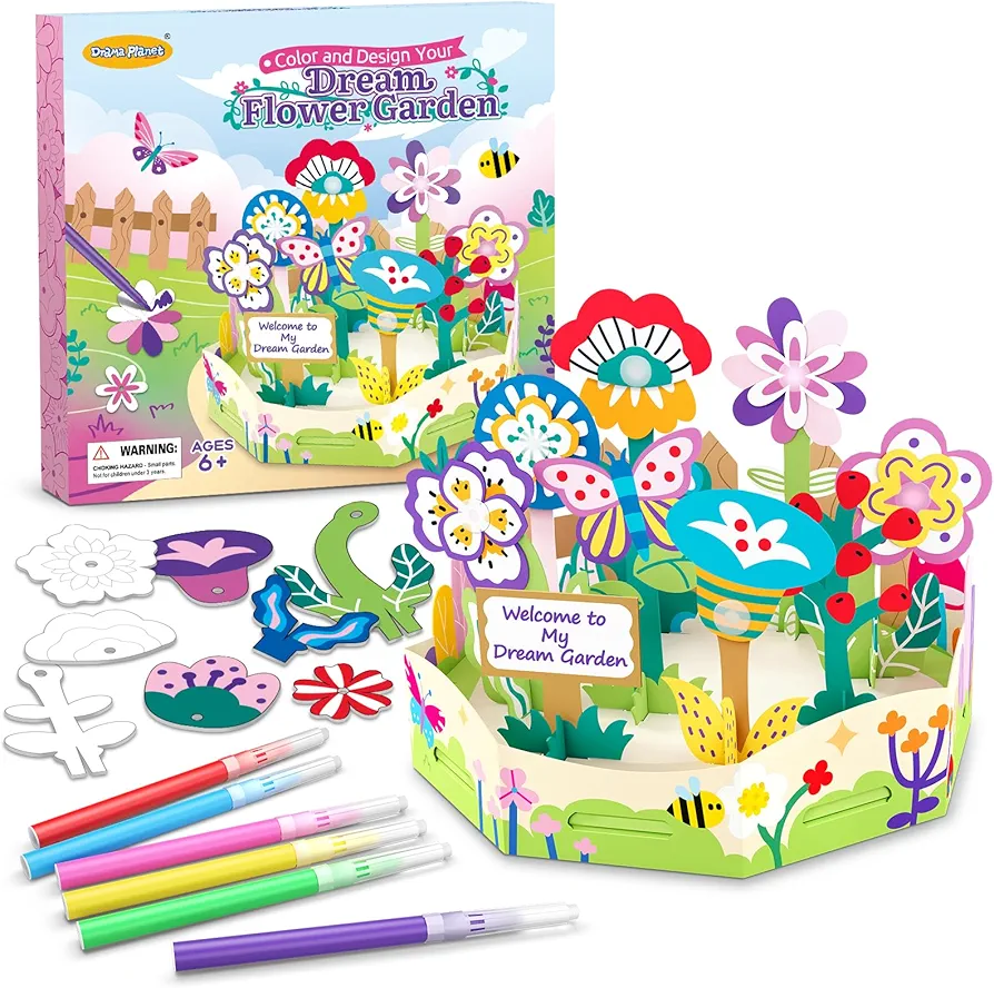 Drama Planet Arts and Crafts for Kids, Color and Design Your Dream Flower Garden, Flowers Building Kit, Painting Set, Assemble Personalized Flowers, Perfect DIY Gift for Girls and Boys