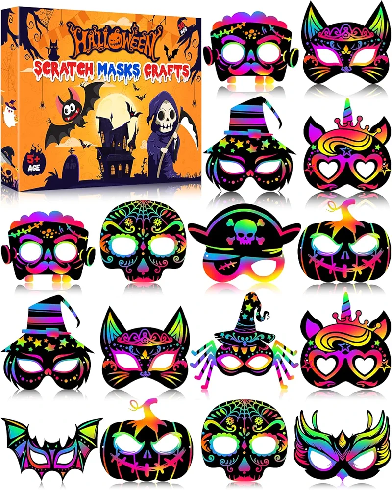 MDCGFOD 30PCS Halloween Crafts for Kids, Halloween Rainbow Scratch Art Masks Kits Toddler DIY Magic Scratch Paper for Halloween Party Favors Classroom Activities Toys Party Games Cosplay Supplies