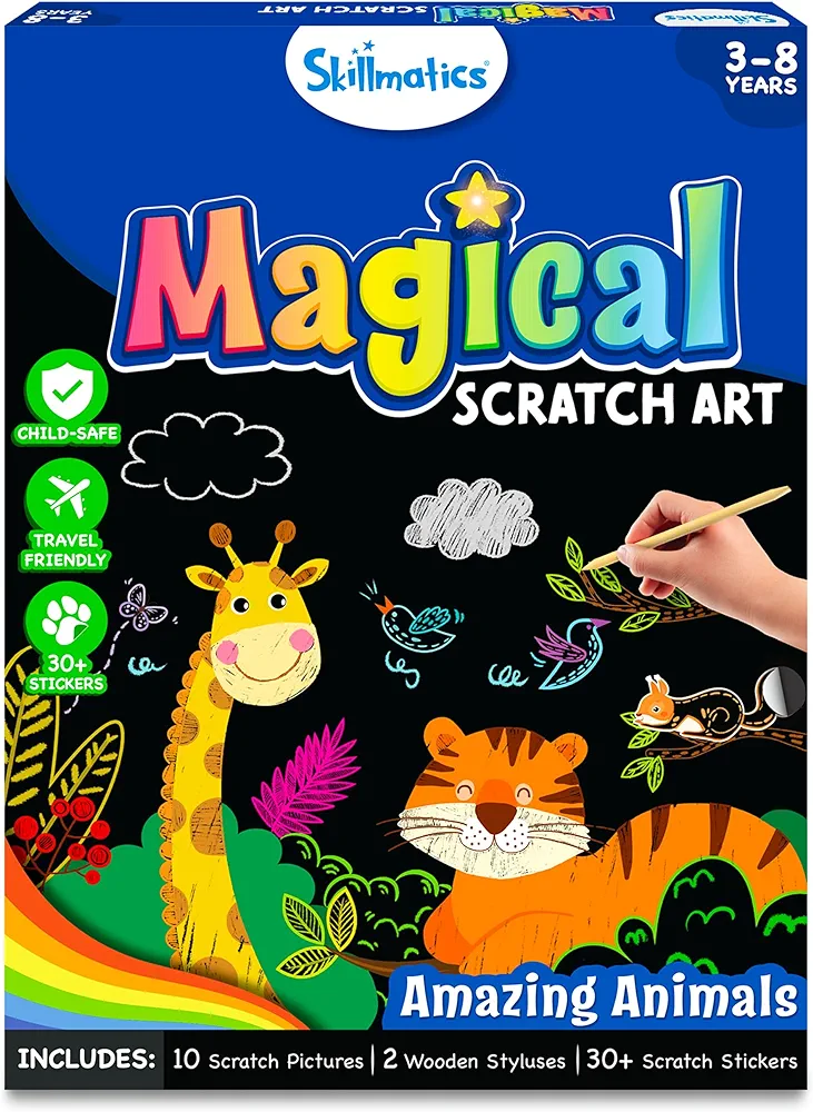 Skillmatics Magical Scratch Art Book for Kids - Animals, Craft Kits & Supplies, DIY Activity & Stickers, Gifts for Toddlers, Girls & Boys Ages 3, 4, 5, 6, 7, 8, Travel Toys