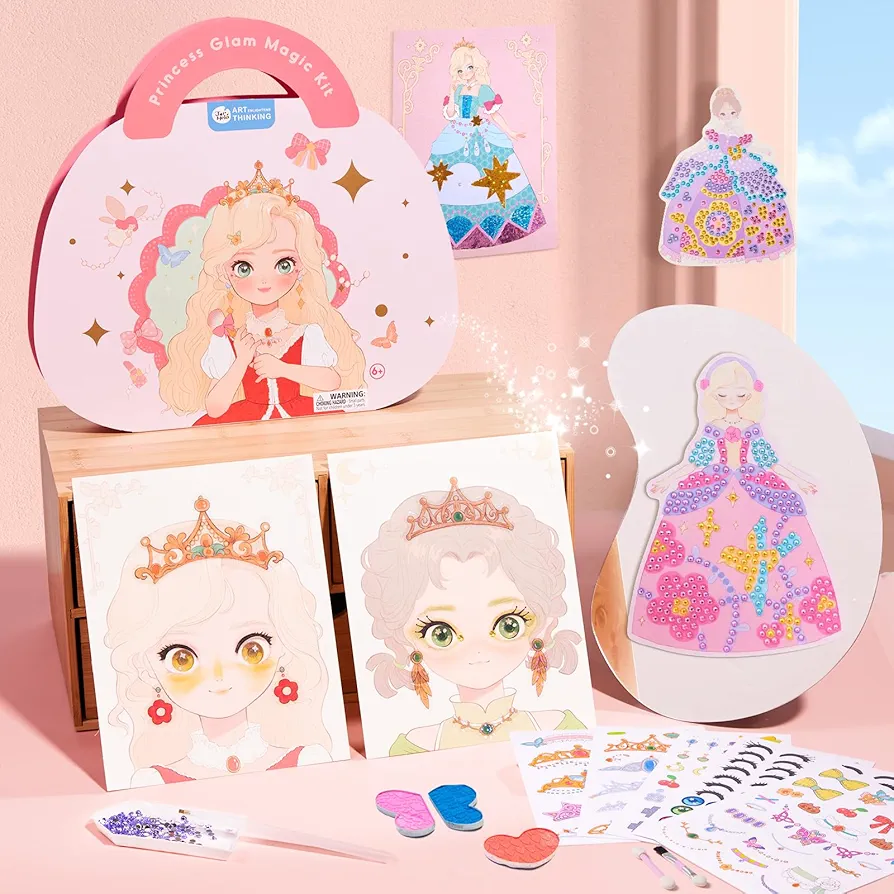 4 in 1 Princess Art Craft Kits, Foil Art & Diamond Painting, Makeup DIY Activity, Dress Up Sticker Books,Travel Toys, Ideal Toys for Girls Ages 6 7 8+ Years Old