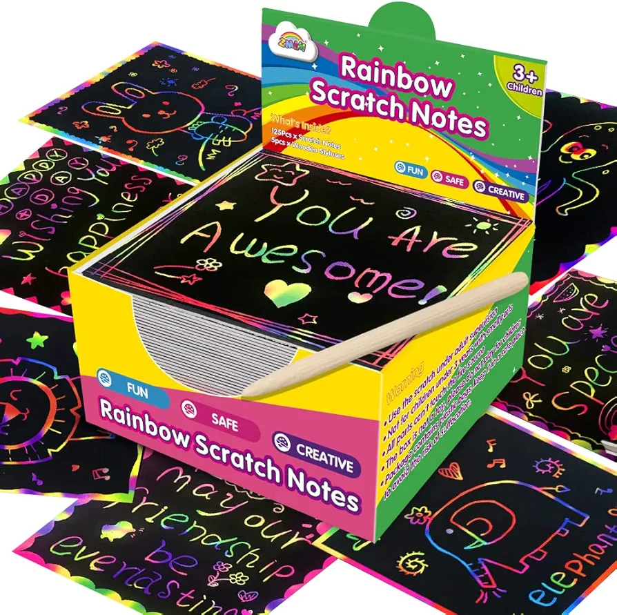 ZMLM Rainbow Scratch Mini Art Notes - 125 Magic Scratch Paper Note Cards for Kids Toy Arts Crafts DIY Party Favor Supplies for Girls Boys Birthday Halloween Christmas Stocking Stuffer Gift Box