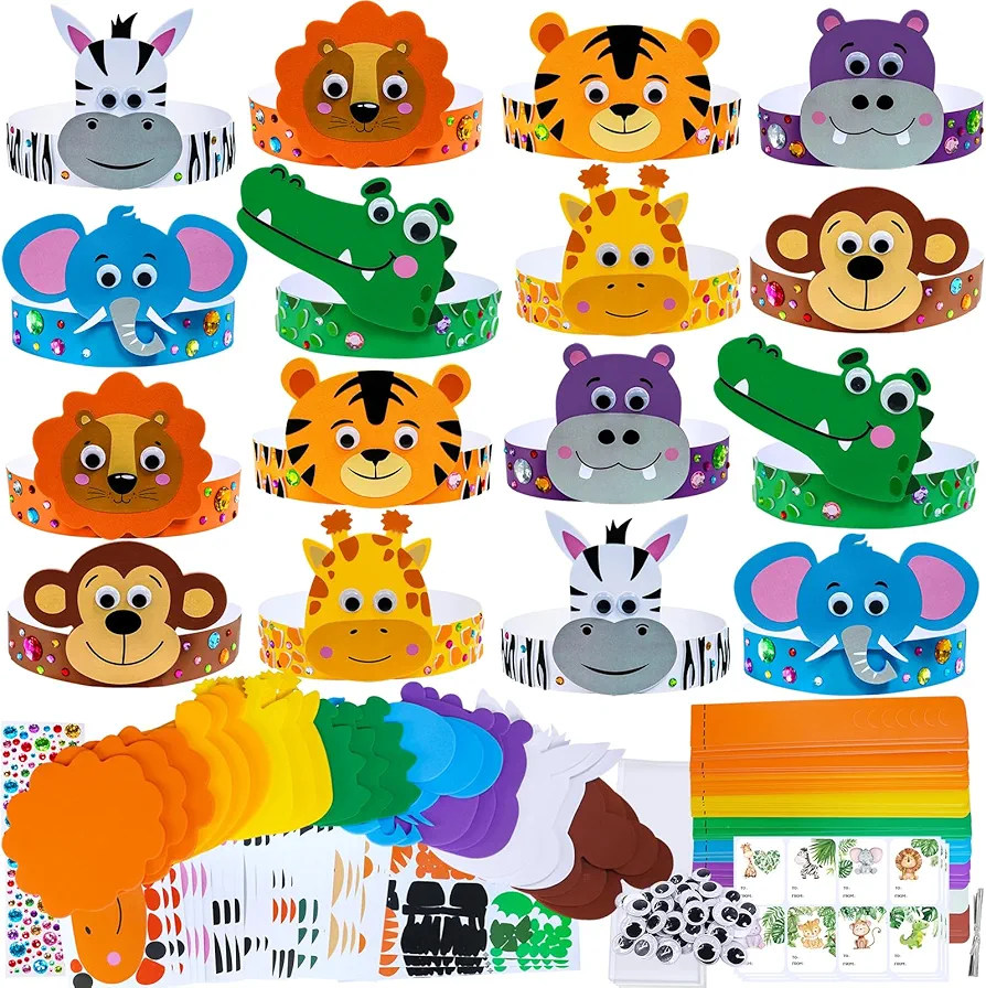 Winlyn 24 Sets Jungle Animal Headbands Craft Kits Safari Animal Crown Art Sets DIY Zoo Animal Party Headbands Animal Foam Stickers for Kids Jungle Safari Birthday Activities Party Favors Decorations