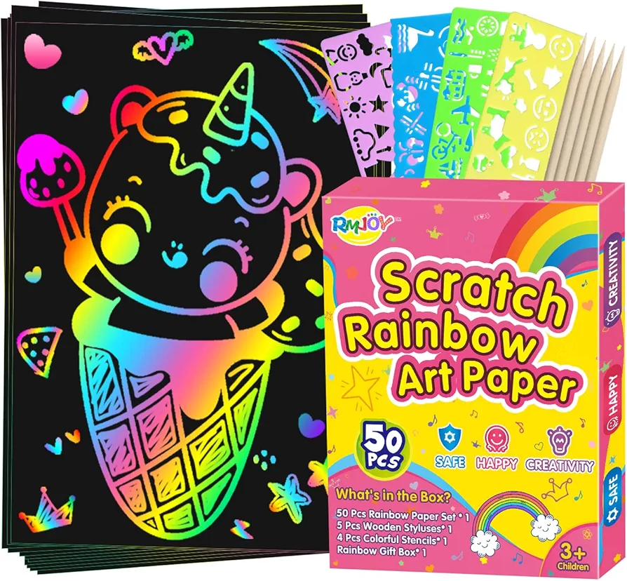 Rainbow Scratch Paper Sets: 60pcs Magic Art Craft Scratch Off Papers Supplies Kits Pad for Age 3-12 Kids Girl Boy Teen Toy Game Gift for Birthday|Christmas|Halloween|DIY Activities|Painting