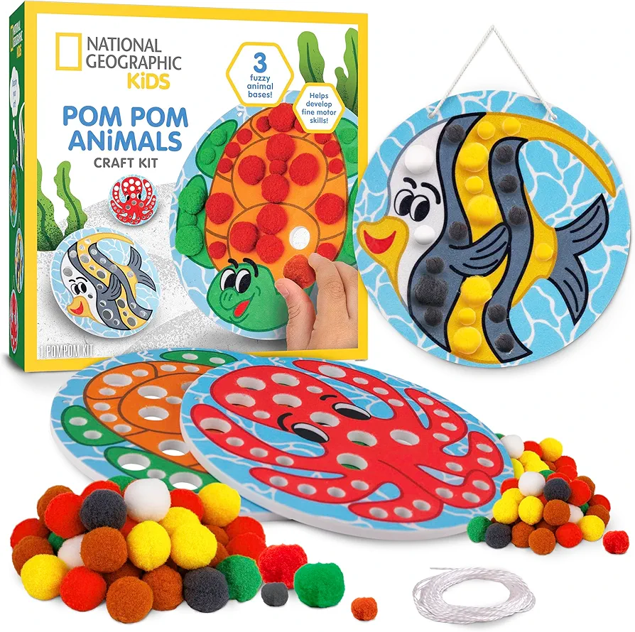 NATIONAL GEOGRAPHIC Kids Pom Poms Arts and Crafts Kit - Pom Pom Animals Toddler Craft Kit, Preschool Art, Toddler Crafts Ages 3-5, Crafts for Toddlers 2-4 Years, Pom Pom Pictures, Pom Pom Art