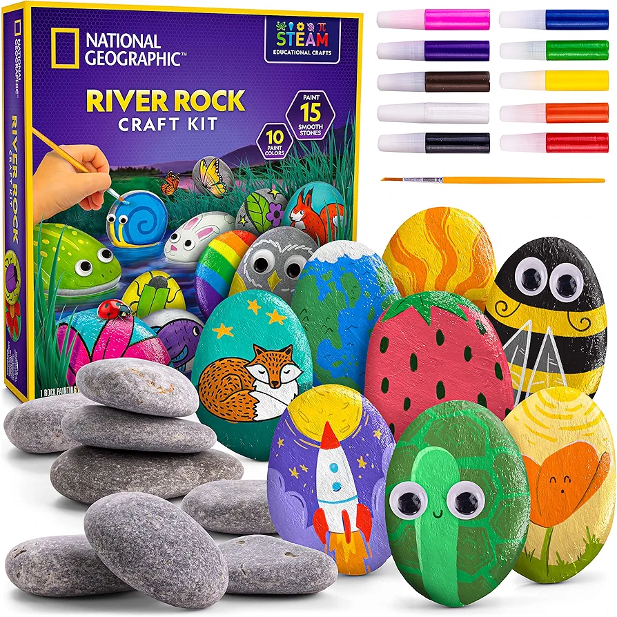 Rock Painting Kit - Arts and Crafts Kit for Kids, Paint & Decorate 15 River Rocks with 10 Paint Colors & More Art Supplies, Outdoor Toys for Girls and Boys (Amazon Exclusive)