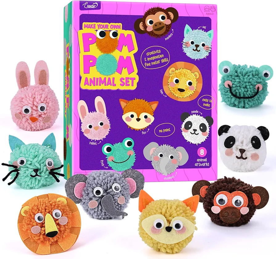 Pom Pom Craft Kit - Animal Art and Craft Project - DIY Plush Crafts for Kids, Toddler Art Activity Christmas Gift for Little Boys & Girls Ages 6 7 8 9