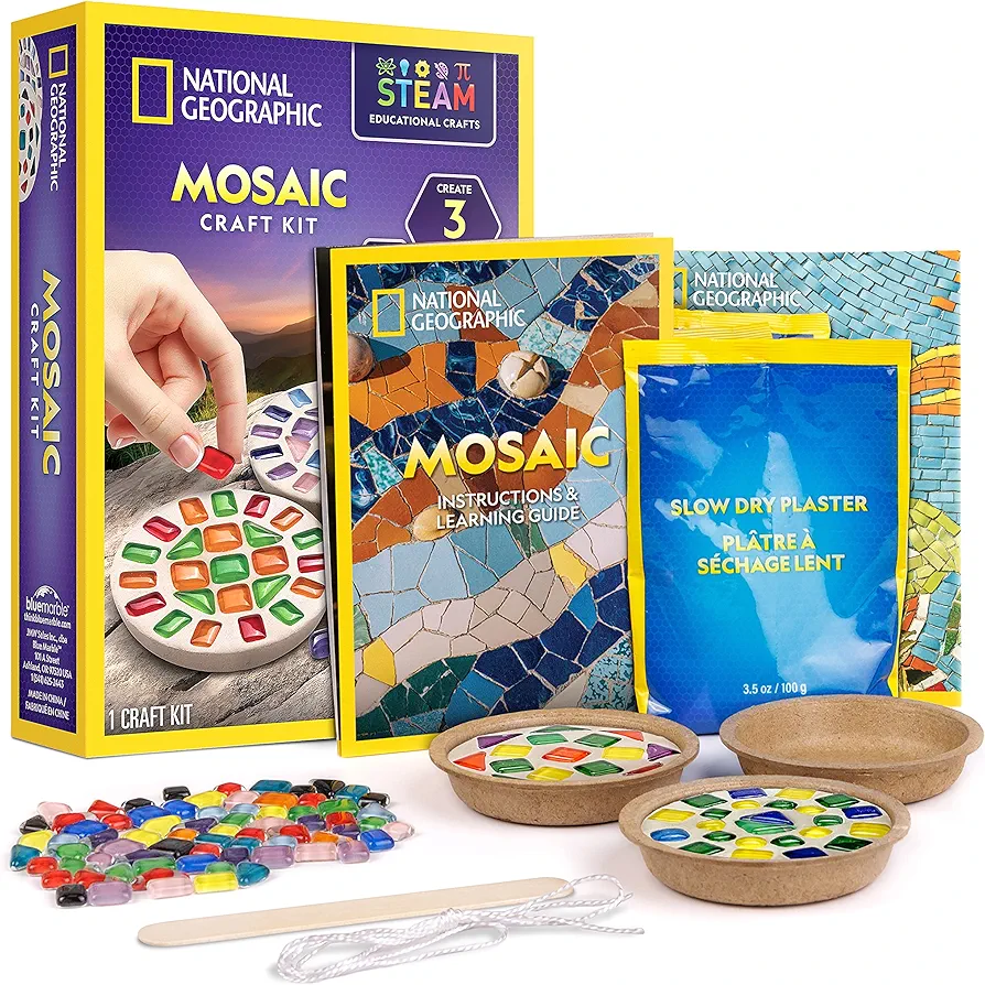 Mosaic Arts and Crafts Kit for Kids - Mosaic Kit for Creating 3 Glass Tile Mosaic Art Projects, includes Glass Tiles, Templates, Plaster & More, Art Supplies, Mosaic Kits for Kids