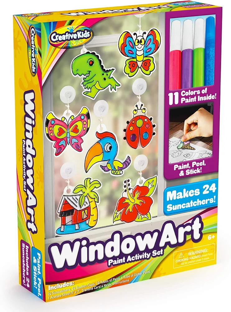 Creative Kids Window Paint Art Kit – Make Your Own Suncatchers Set – 24 Sun Catchers, 24 Suction Cups & 11 Paints – Suncatchers for Kids to Paint - DIY Window & Mirror Arts & Crafts Kit Children