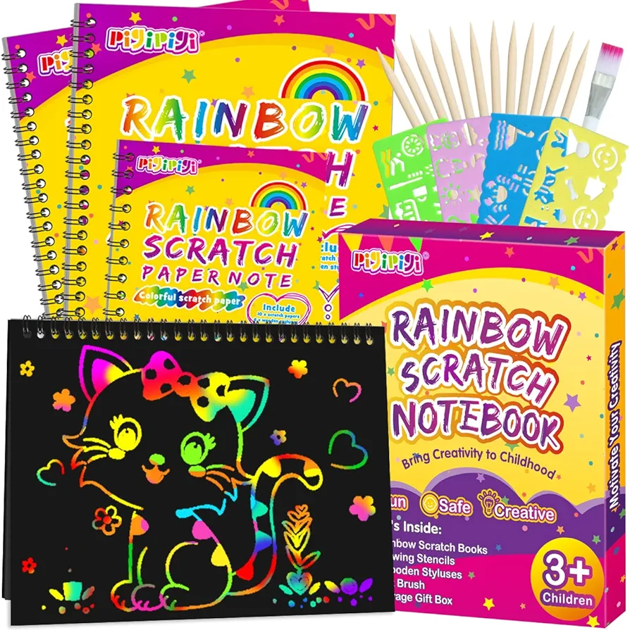 pigipigi Art Craft Gift for Kids - 3 Pack Rainbow Scratch Paper Notebook Black Magic Color Drawing Supplies Toy Set for 3-12 Year Old Boy Girl Birthday Party Favor Christmas Easter Activity