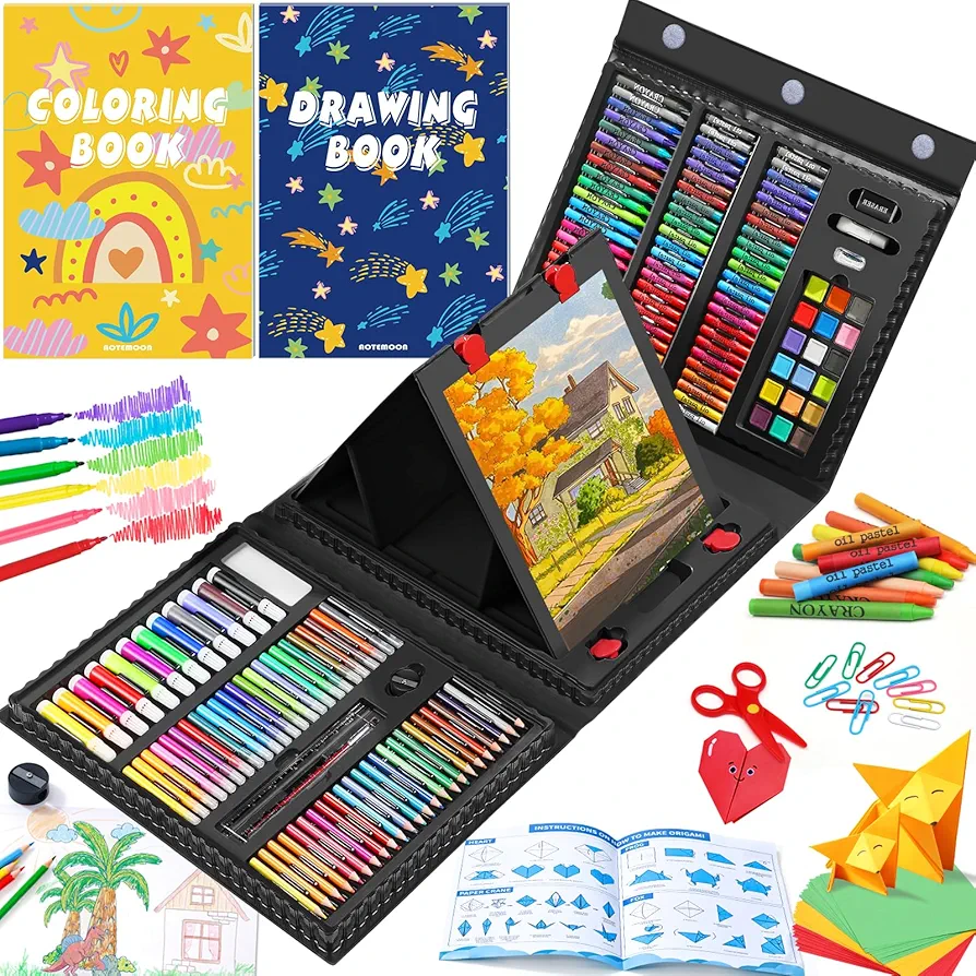 All in One Art Supplies, Art Kit Includes Easel, Origami Paper, Colored Pencils, Crayons, Drawing Book, Coloring Book, Watercolor Pens, Markers and Oil Pastels, Gifts for Girls Boys Teens, Black