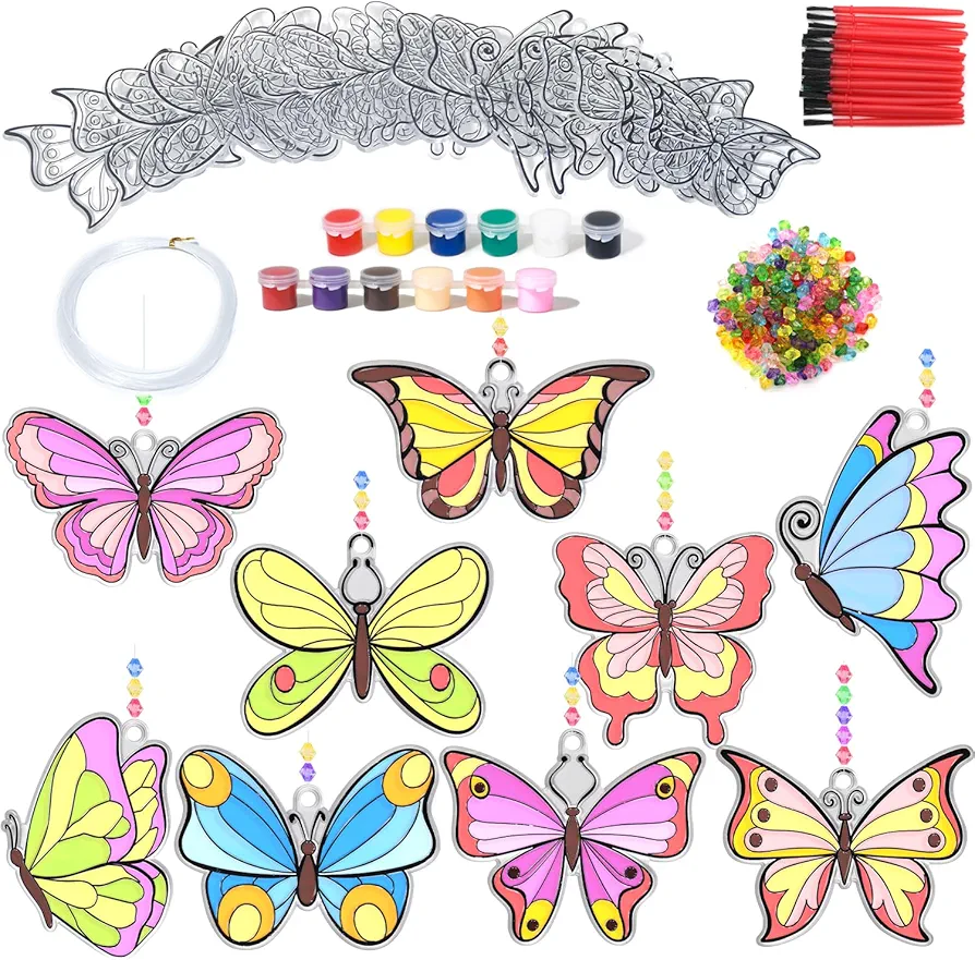 Fprl 27 Sets DIY Window Paint Art Suncatchers Craft Kits Butterfly Ornaments Decorations Suncatcher Kit Kid for Classroom Home c Easter Activity Gift Project