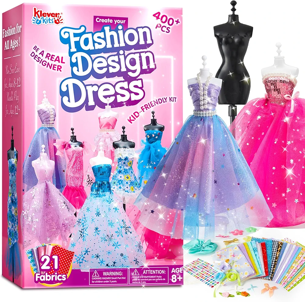 Klever Kits 400+PCS Fashion Design Crafts for Kids Art and Crafts Toy DIY Sewing Crafts with 3 Mannequins for Girls Aged 8-12, Birthday Christmas Gifts