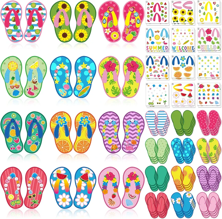 Harloon 48 Set Flip Flop Craft Kits for Kids Summer DIY Flip Flop Sticker Art Craft Set Preschool Craft Kits Kids DIY Flip Flop Art Craft for Summer Hawaiian Party Classroom Home Game Activities Favor