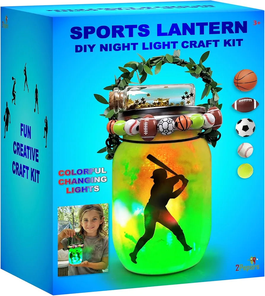 Make Your Own Sports Night Light Lantern Jar Arts & Crafts For Boys And Girls, Football, Soccer, Basketball, Tennis & Baseball Gifts For Kids, DIY Art Kit Age 4 5 6 7 8-12, Best Kids Birthday Present