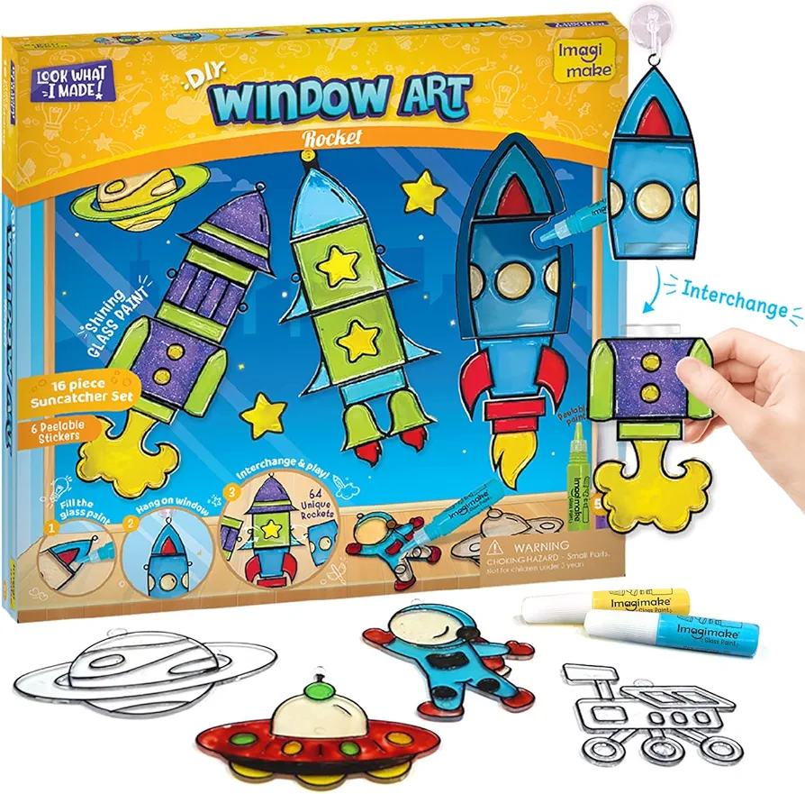 Imagimake Window Art for Kids - Rocket | Suncatcher Kits for Kids, Arts and Crafts for Kids Ages 6-8 | Birthday Gifts for 5 6 7 8 9 10 11 12 Years Old Boys & Girls | DIY Suncatcher Painting Kit