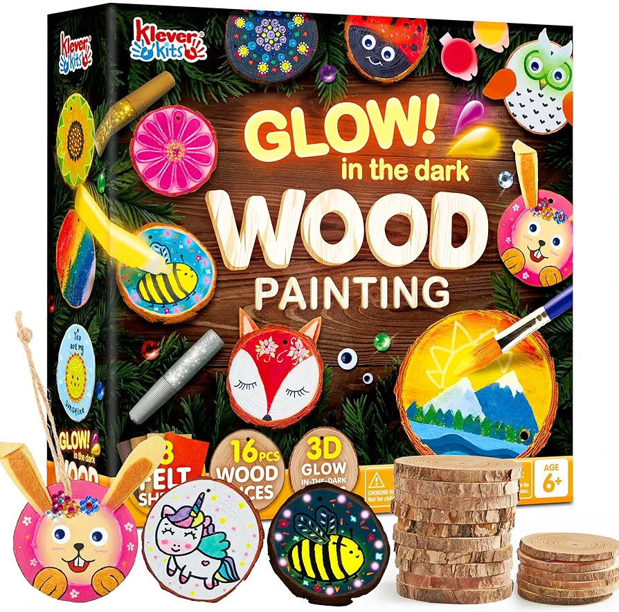 Klever Kits 16 pcs Wooden Painting Kit-Glow in The Dark- Arts and Crafts for Kids Ages 6-12 Art Supplies with Felt Sheets, Wood Slice Crafts for Boys Girls Birthday Party Gift