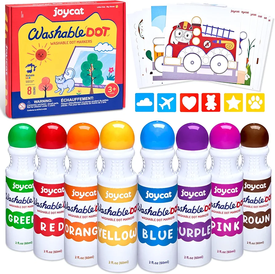 JoyCat Washable Dot Markers for Kids,8 Colors 2.1 fl.oz Non Toxic Dot Paint Markers with 10 Coloring Activity Paper & 6 Stencils,Bingo Daubers Markers for Toddler 1-3 Arts and Crafts Kits Supplies