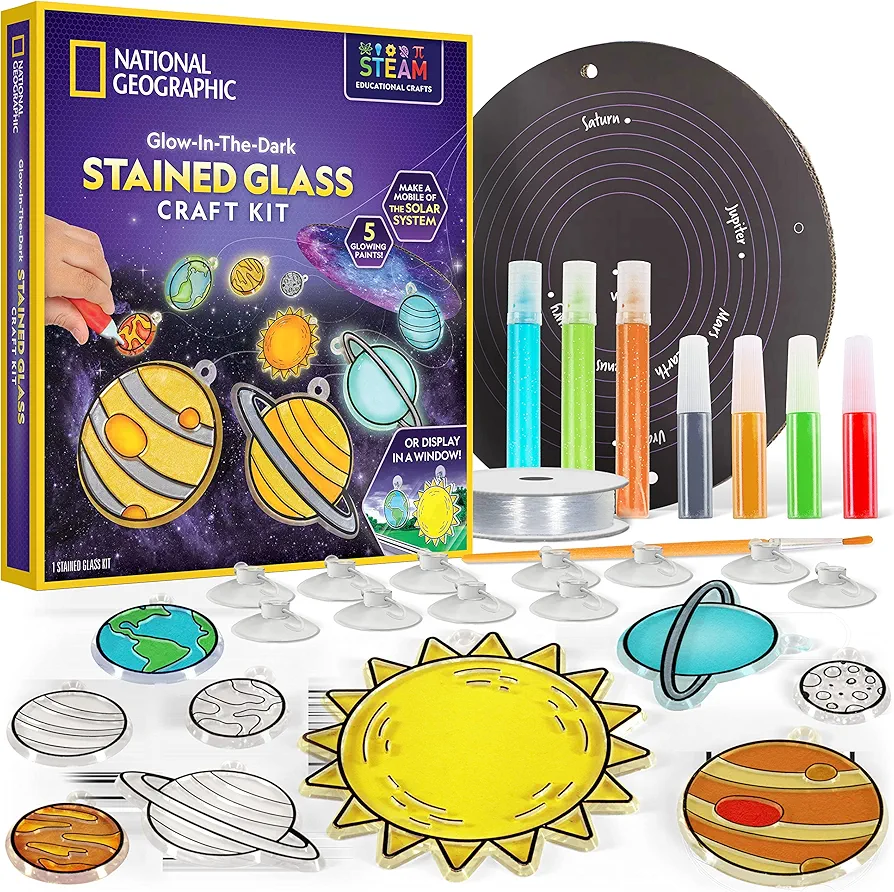 Kids Window Art Kit - Stained Glass Solar System Arts & Crafts Kit with Glow in The Dark Planets, Use as Window Suncatchers, Hanging Decor from Ceiling, Mobile, Space Room Decor