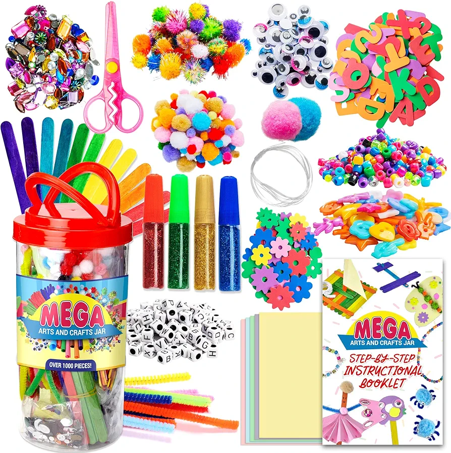 Dragon Too Mega Kids Crafts and Art Supplies Jar Kit - 1000+ Piece Set - Instructional Booklet Included - Glitter Glue, Construction Paper, Colored Popsicle Sticks, Googly Eyes, Pipe Cleaners