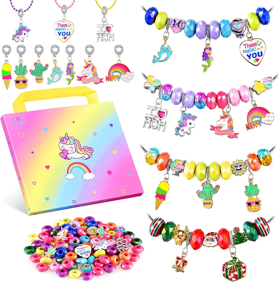 BDBKYWY Girls Charm Bracelet Making Kit - Kids Unicorn Jewelry Supplies Make Set DIY Art Craft Set Birthday Gifts for 3 4 5 6 7 8 Year Old Girl Toys Age 6-8