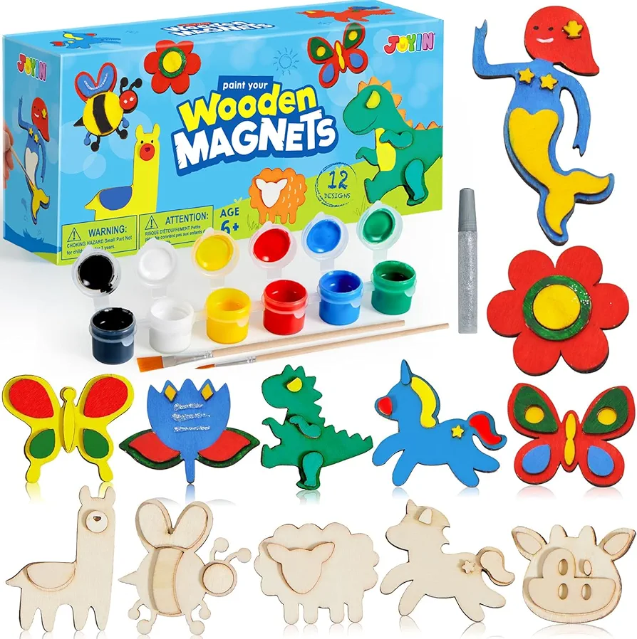 JOYIN 12 pcs Wooden Magnets, Spring Arts & Crafts for Boys and Girls, Children Painting Craft Activities Kit, Craft Toys Gifts for Birthday Easter Christmas